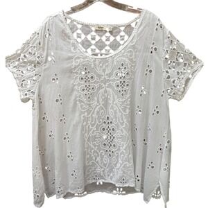 Dylan White Cotton Eyelet Lace Boho Blouse XL Extra Large Short Sleeve Top